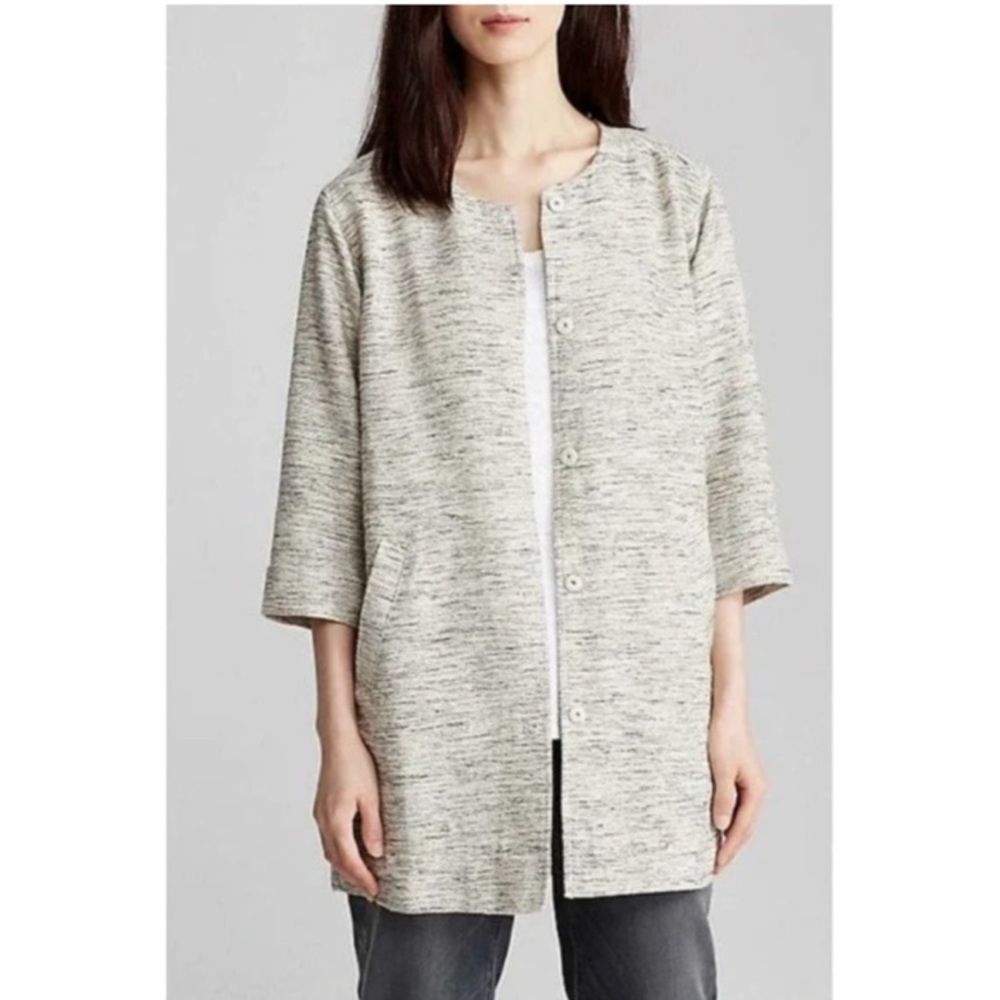 Eileen Fisher Ecru Tweed Round Neck Long Jacket